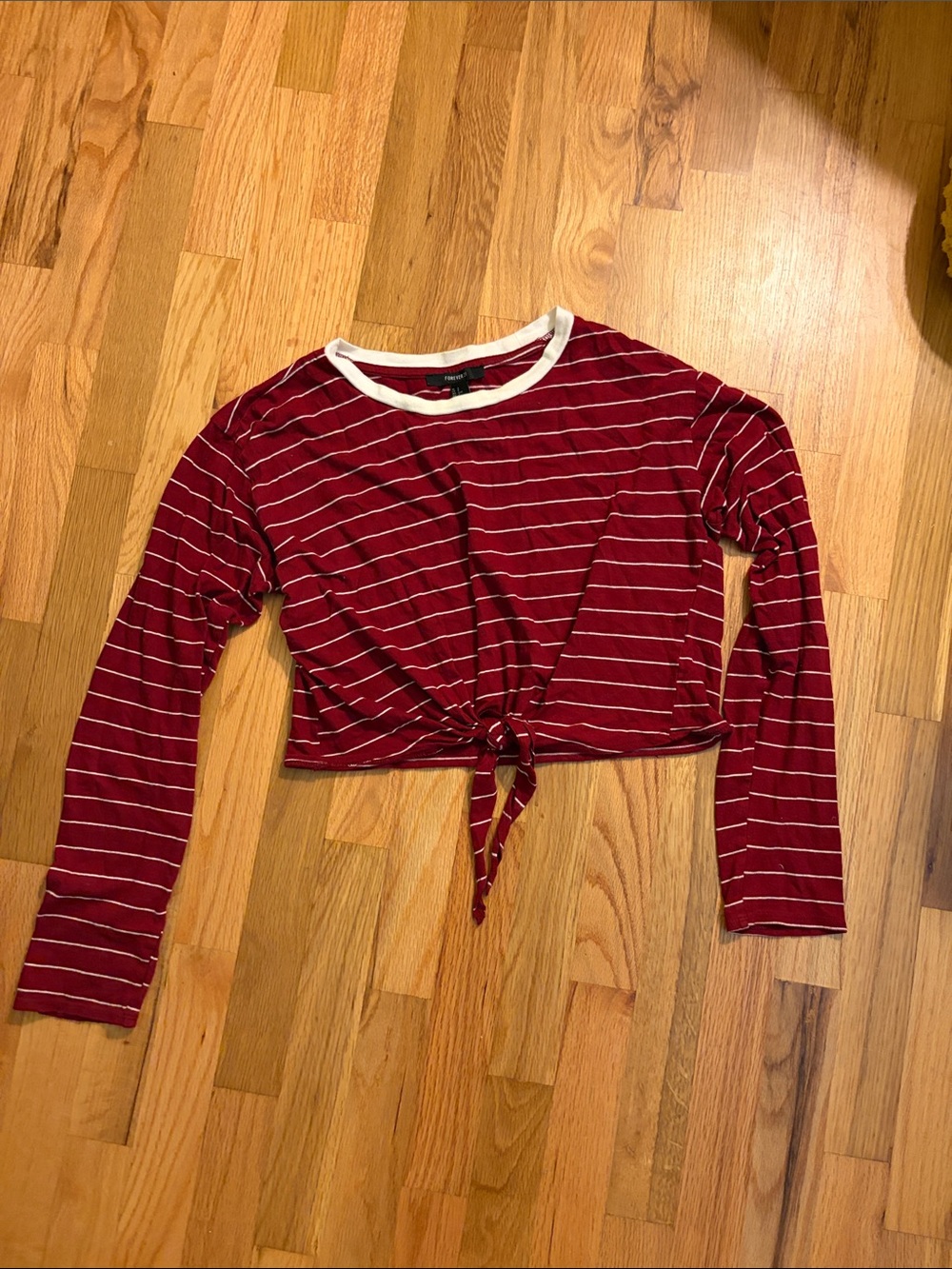 Forever 21 Red Striped Tie-Front Long Sleeve Crop Top